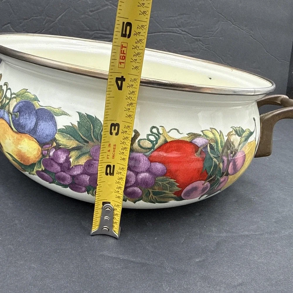 Vintage Cornucopia Dutch Oven Enamel Fruit Covered Lid Pot Brass Casserole